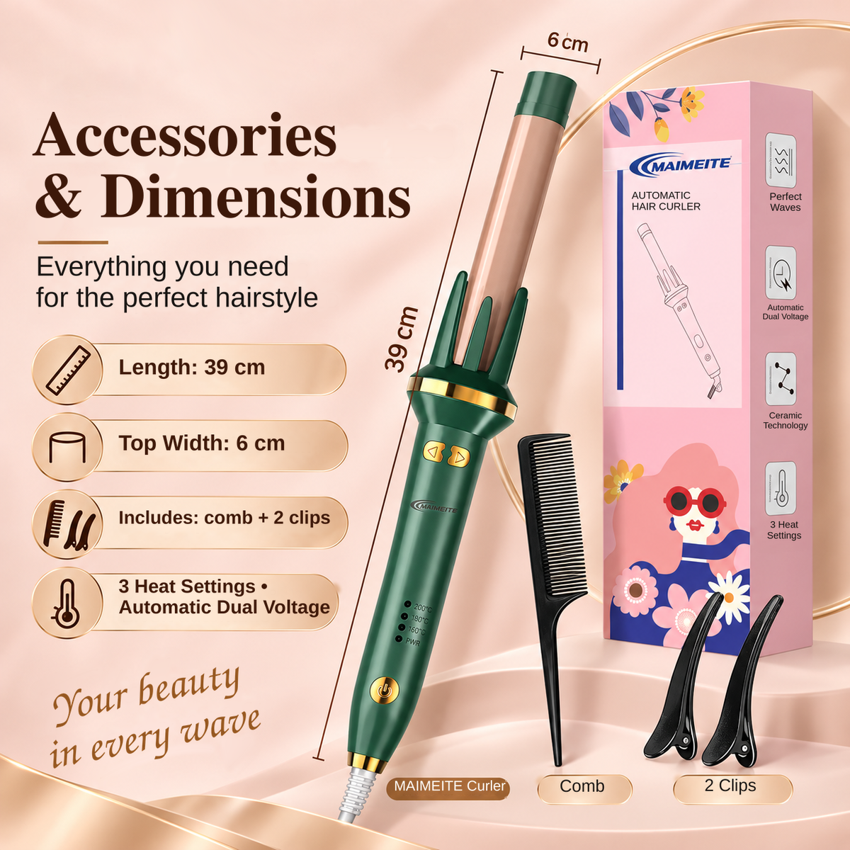 MAIMEITE 25mm Automatic Curly Hair Straightener & Ceramic Curling Iron, Automatic Ceramic Hair Curler, Libra Hair Curly Styler