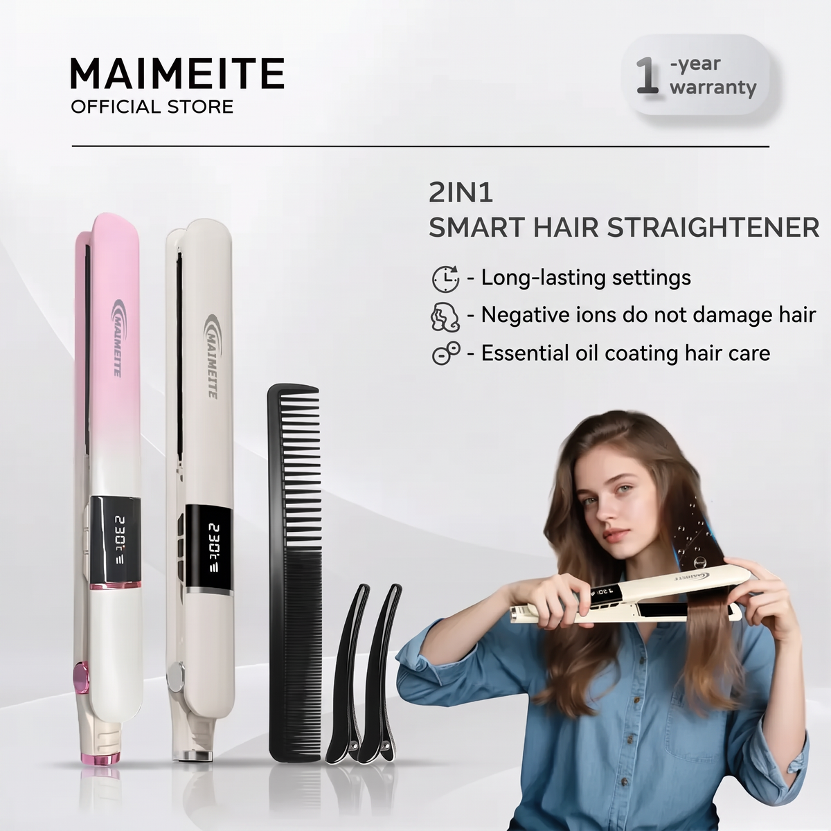 MAIMEITE 2-in-1 Hair Straightener & Curler, 20-Second Heat-Up, Hair Protection, Automatic Hair Curler