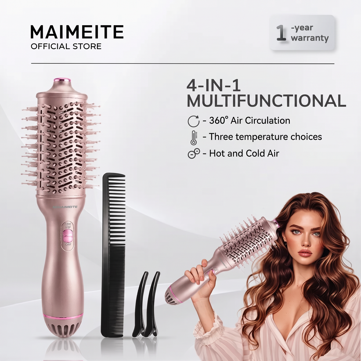 MAIMEITE Sisir Pengering Rambut Hot Air 4-in-1, Penata Rambut Multifungsi 800W – Pelurus, Pengeriting & Penambah Volume Rambut