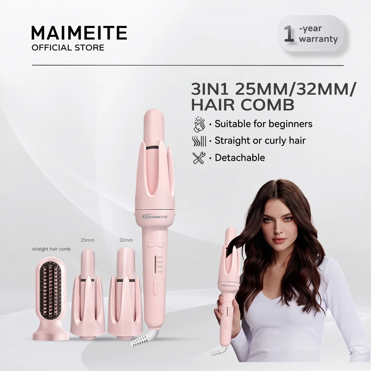 MAIMEITE 4-in-1 Upgraded Ceramic Automatic Curling Iron & Hair Straightener, Multifunctional Hair Styler with Straightener Comb and Hair Clip