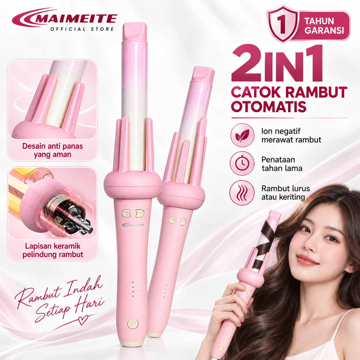 MAIMEITE Hair Styler – 25mm Automatic Curling Iron with Pink Gradient, Fast Heating, Auto Curler