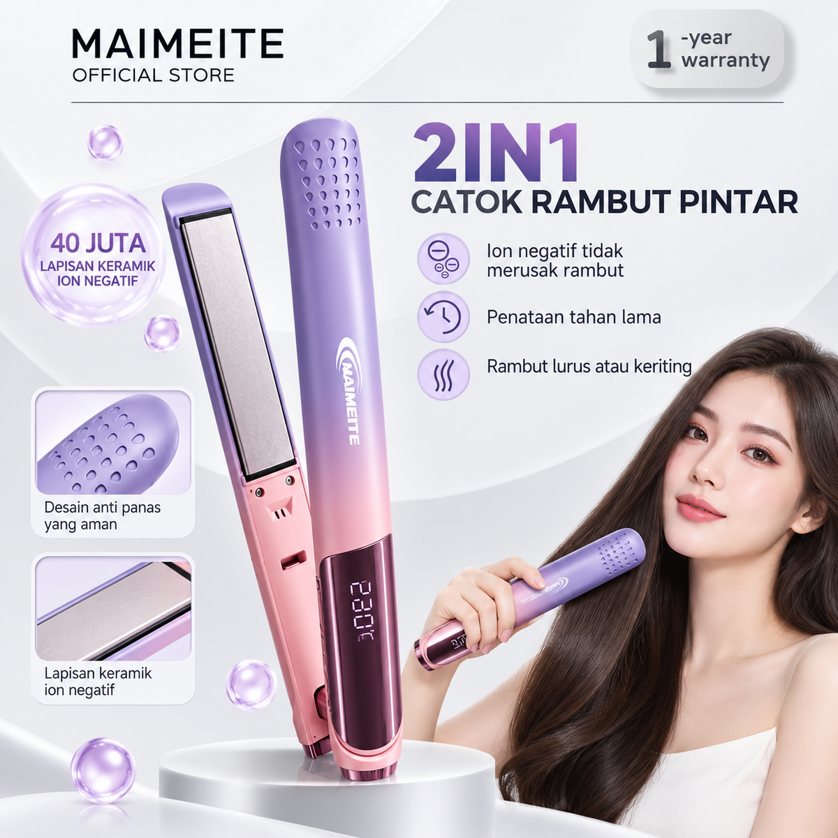 MAIMEITE Hair Straightener, Curler, Curly Hair Iron, Straightening Iron, Affordable Straightener, 2-in-1 Straight & Curly Hair Styler, Rebonding Iron, Hair Comb