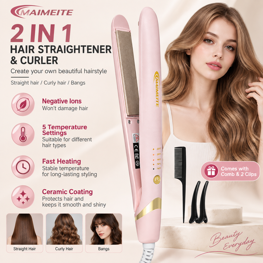 Alisador LCD 2 en 1 para cabello MAIMEITE, moldeador profesional portátil para cabello rizado y liso, rizador cerámico de queratina