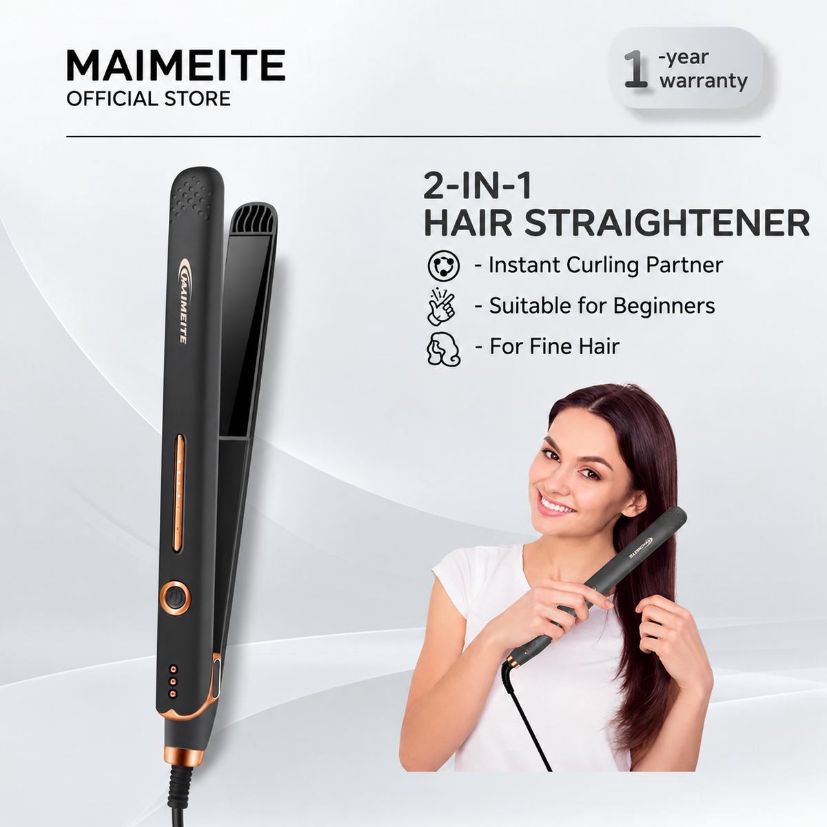 MAIMEITE Saturn 2-in-1 Easy-to-Use 30W Ceramic Hair Straightener & Curly Styler, Black