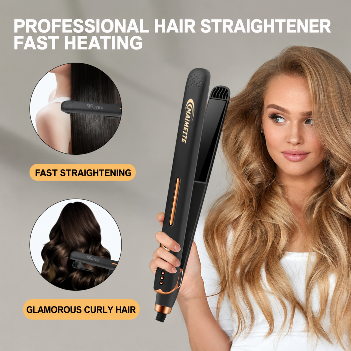 MAIMEITE Saturn 2-in-1 Easy-to-Use 30W Ceramic Hair Straightener & Curly Styler, Black